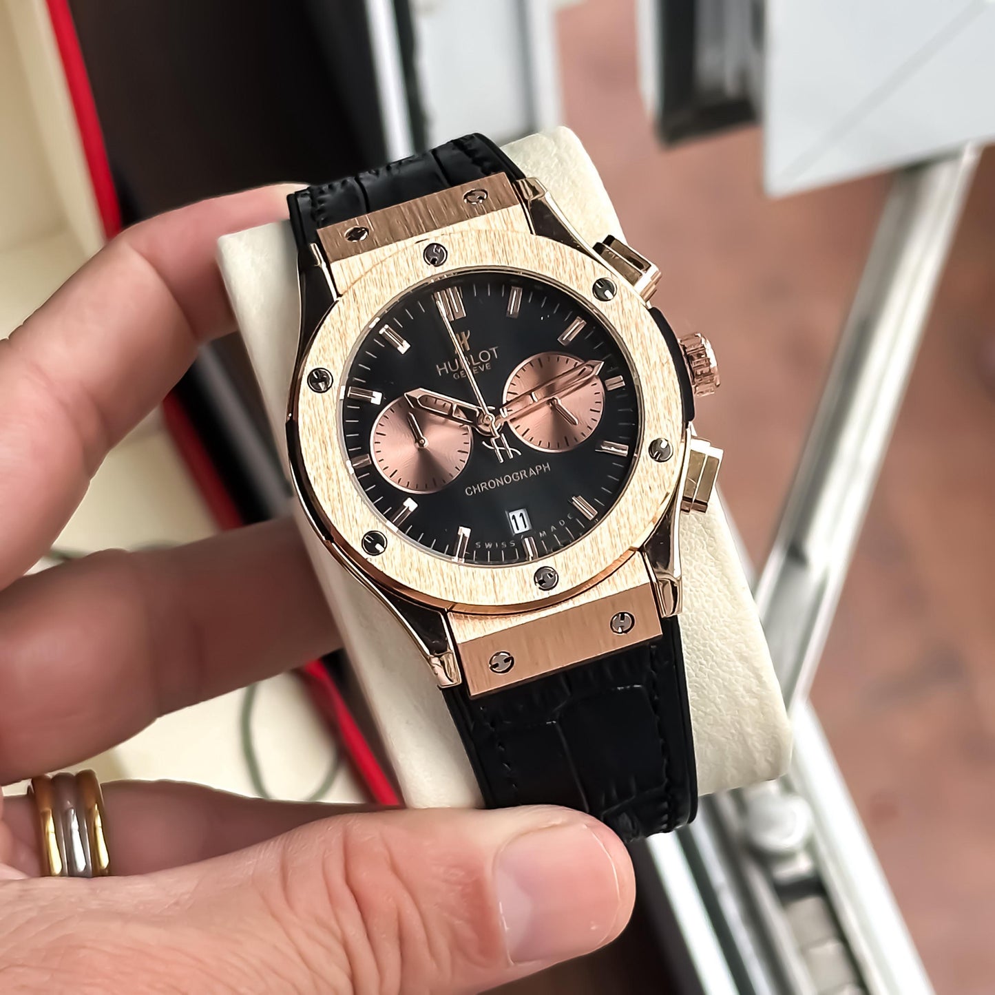 HUBLOT- Big Bang in Rosegold Case with black Dial & Black Leather Hublot Og strap