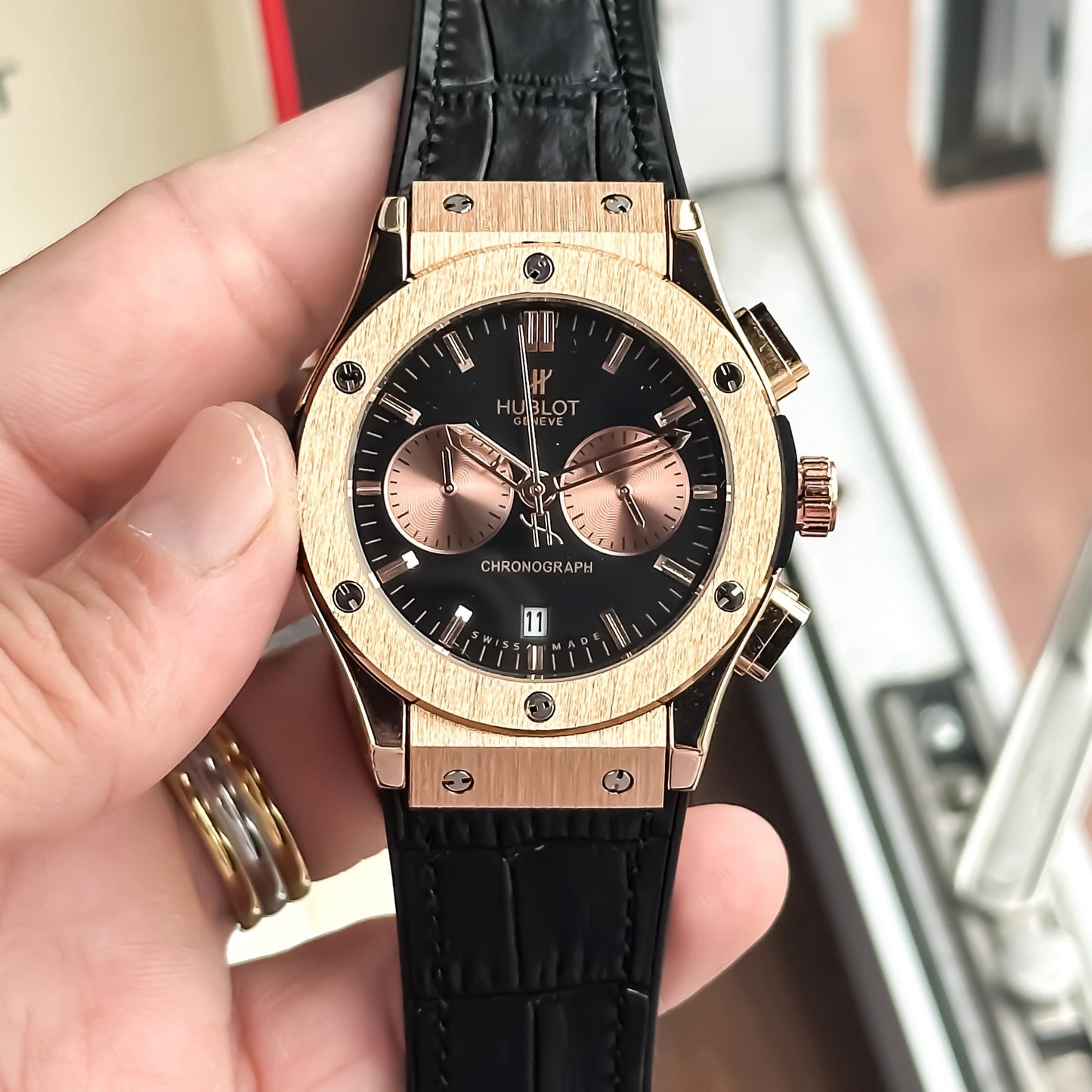 HUBLOT- Big Bang in Rosegold Case with black Dial & Black Leather Hublot Og strap
