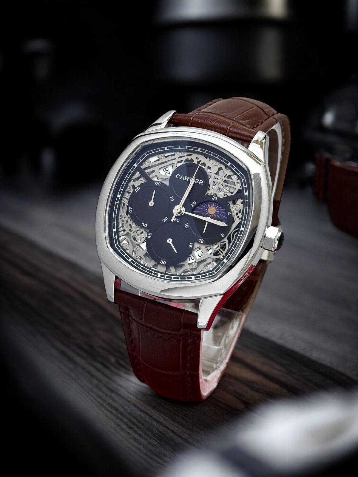 Cartier Gents Luxury Watch - Brown Strap With Black Dial