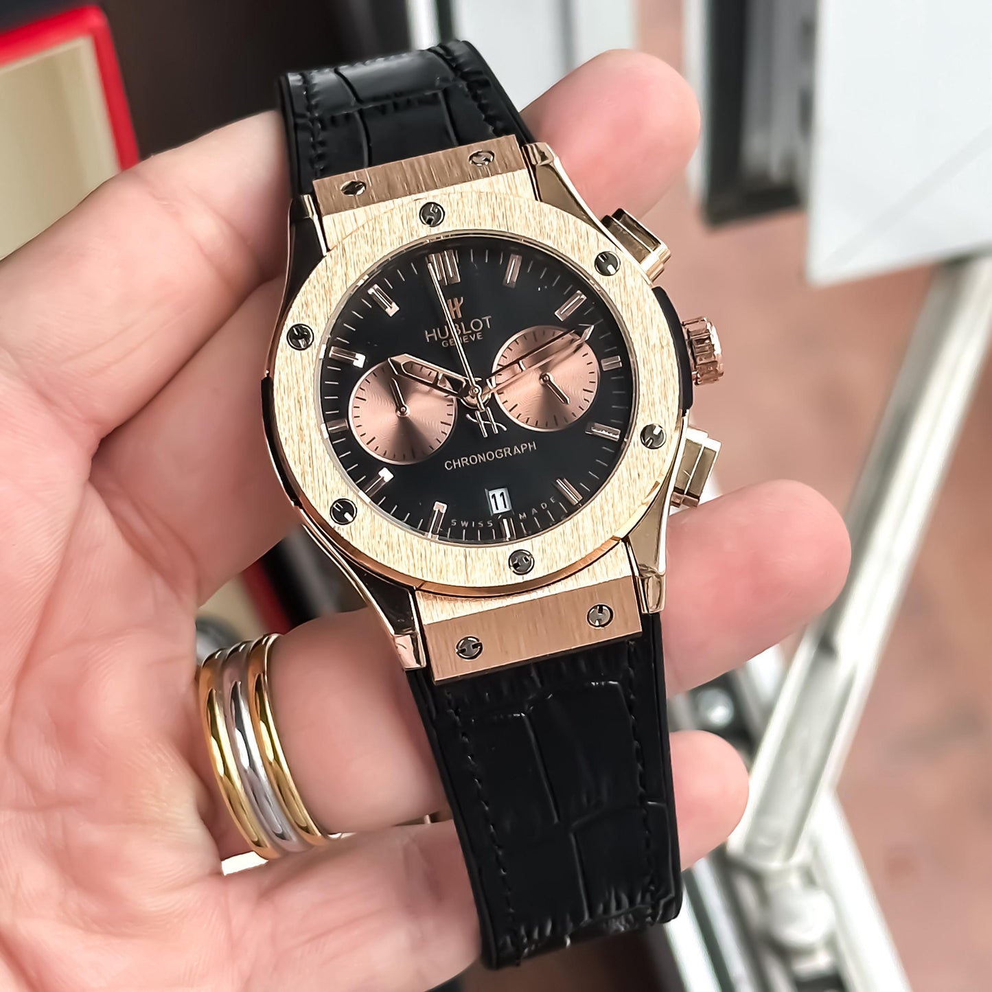 HUBLOT- Big Bang in Rosegold Case with black Dial & Black Leather Hublot Og strap