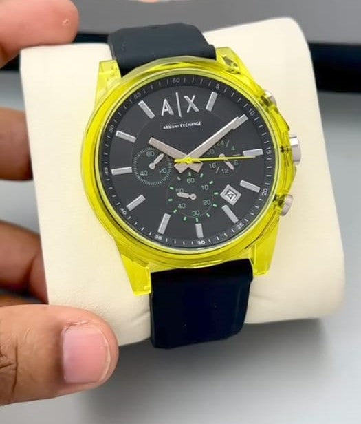 Armani Exchange Luxury Wrist Watch - Case Neon Yellow Dial and Strap Black.